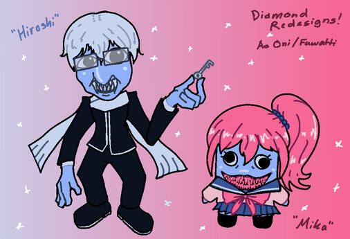 concepts for a redesign of ao oni and fuwatti&#39;s diamond skin for pillar chase 2. they&#39;re based on the protagonist hiroshi and his friend mika.