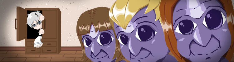 an ao oni banner i made where hiroshi hides from three onis with his friend&#39;s hairstyles. this one is one of my favorites! :]