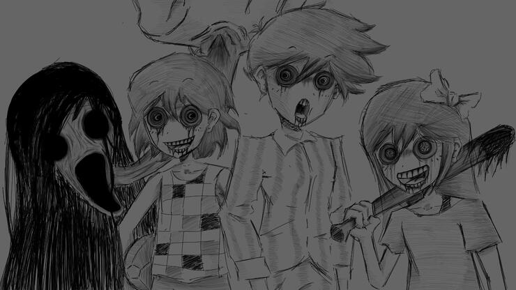 an old omori piece featuring hellmari and blackspace kel, hero, and aubrey.
