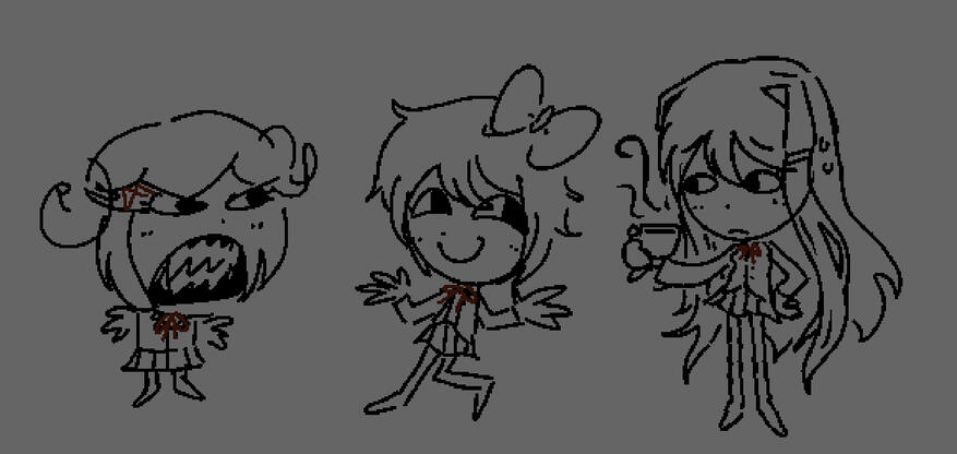 weird and goofy doodles of natsuki, sayori, and yuri.